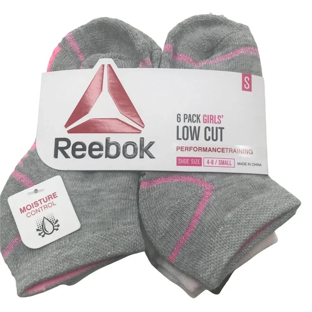 6 Pack Reebok Girl's Low Cut Socks Gray/White/Black Size Small Shoe 4-8 New